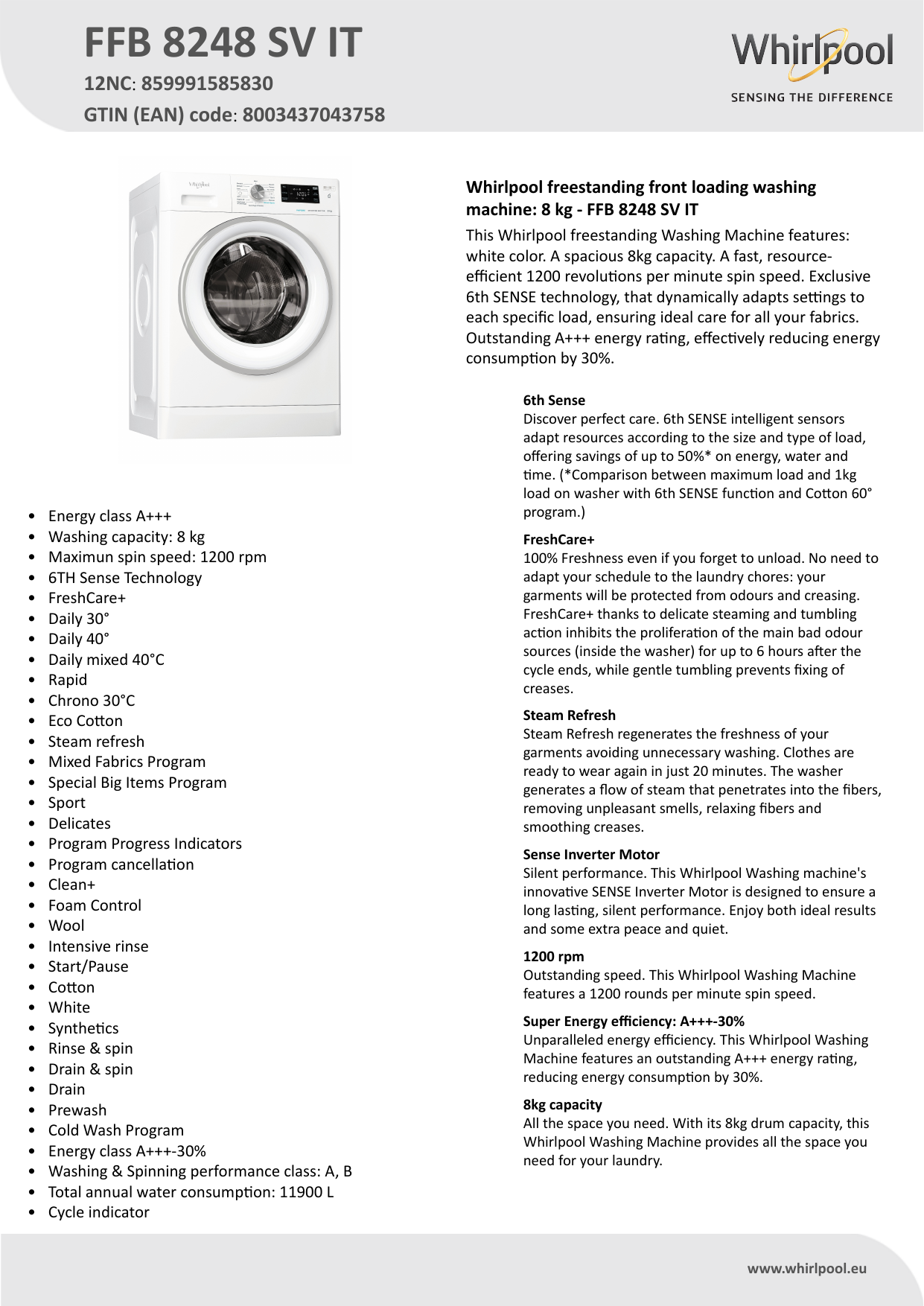 Whirlpool FFB 8248 SV IT Washing machine Product Data Sheet | Manualzz