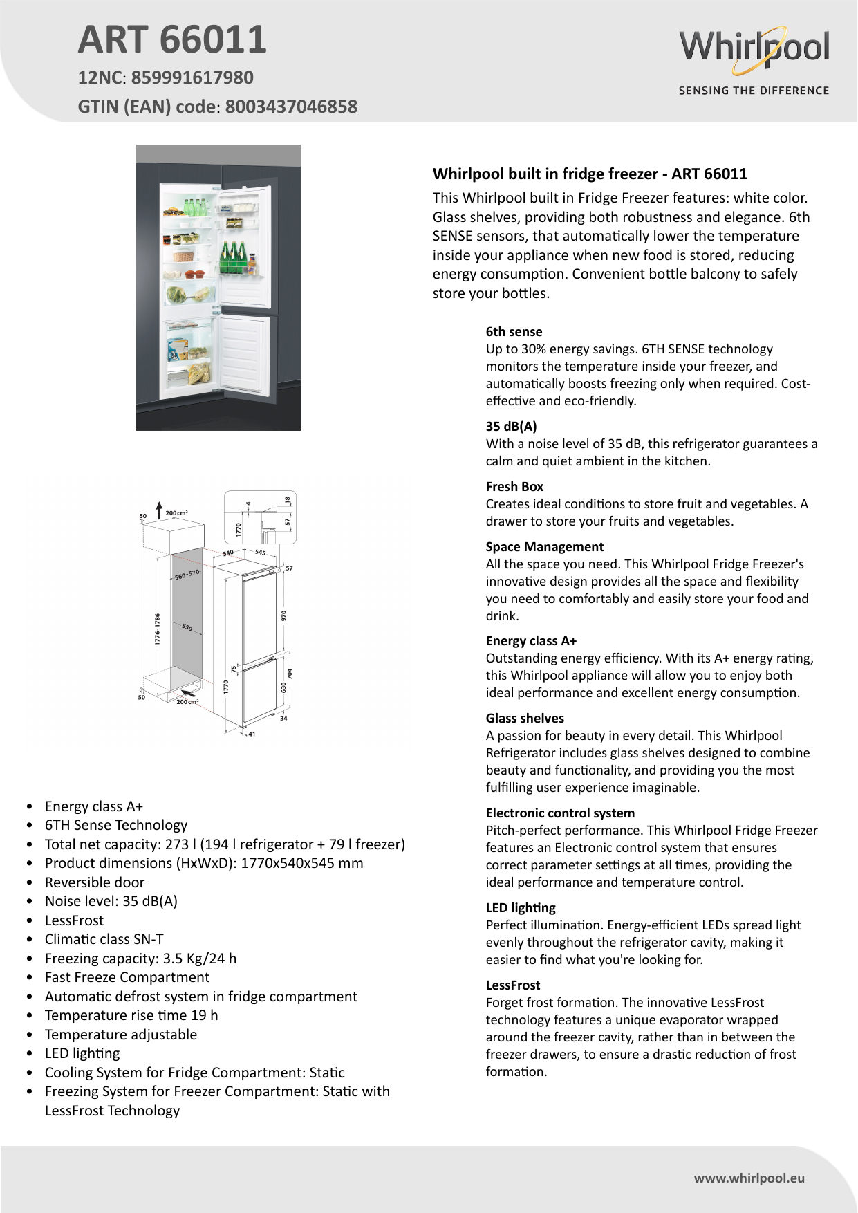 Whirlpool ART 66011 Fridge/freezer combination Product Data Sheet | Manualzz