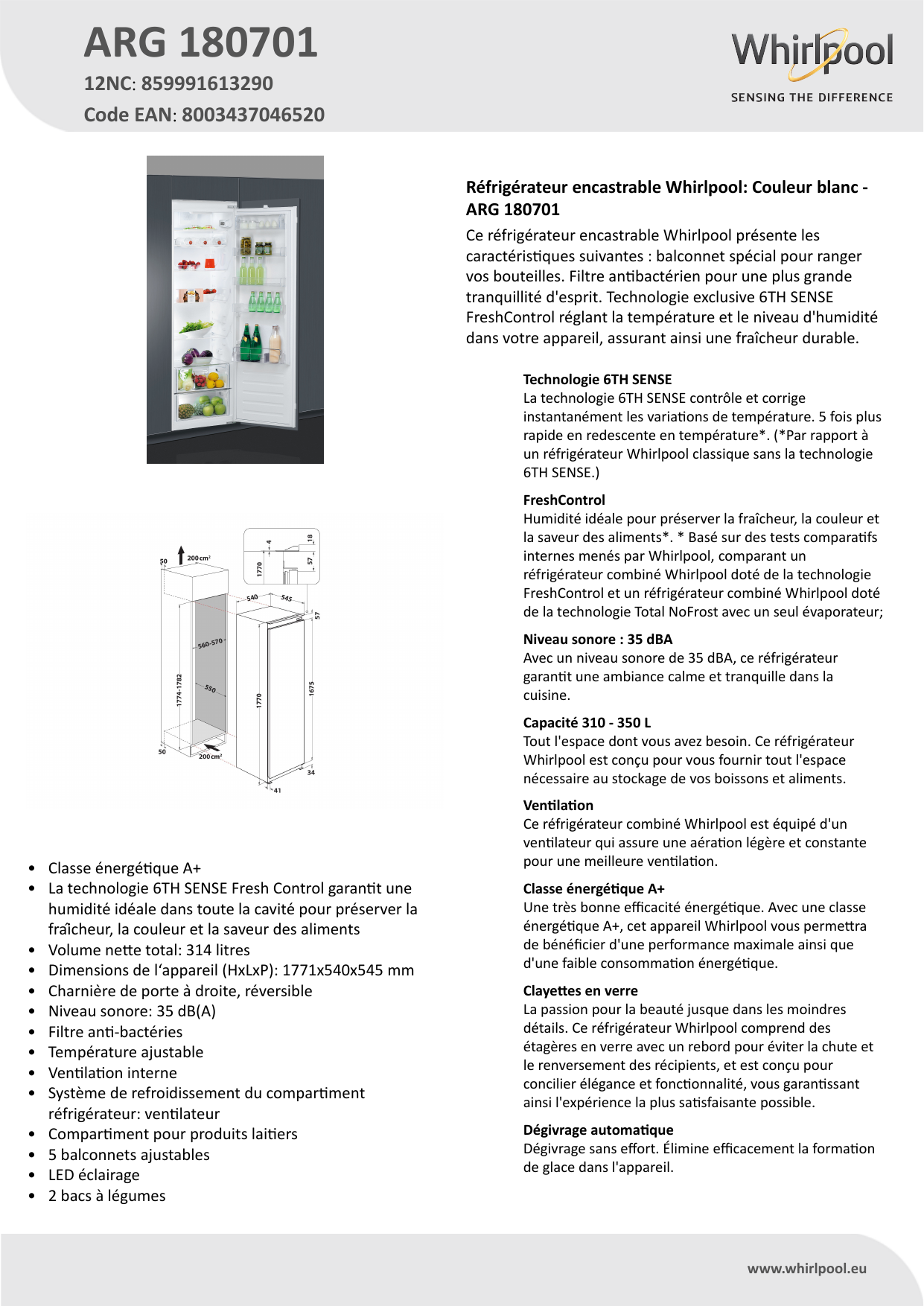 Frigo encastrable WHIRLPOOL ARG 180701