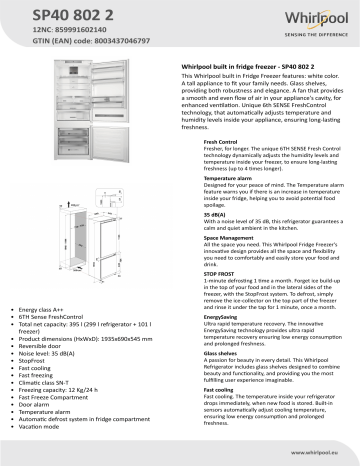Whirlpool SP40 802 2 Fridge/freezer combination Product Data Sheet |  Manualzz