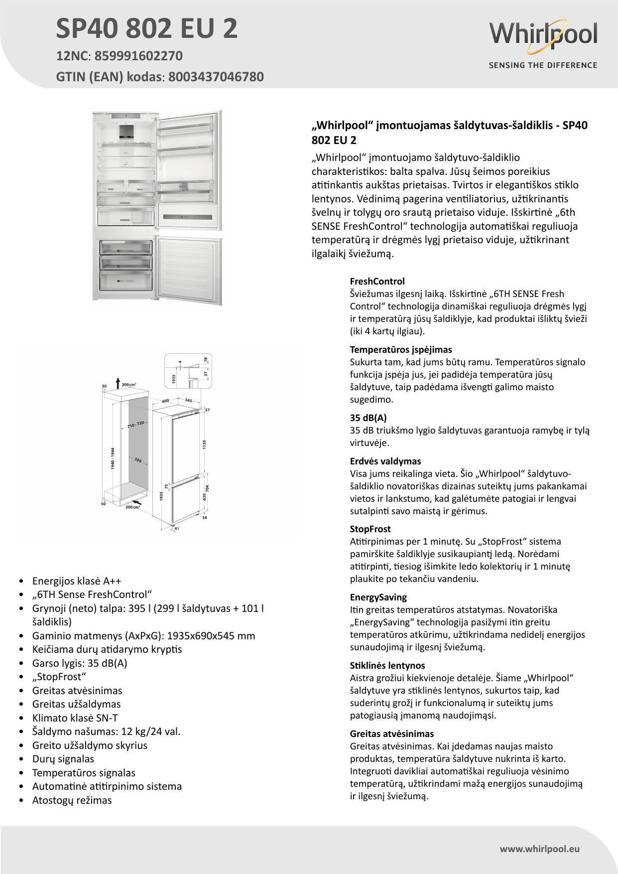 Whirlpool SP40 802 EU 2 Fridge/freezer combination Product Data Sheet |  Manualzz