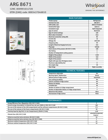 Whirlpool ARG 8671 Refrigerator NEL Data Sheet | Manualzz