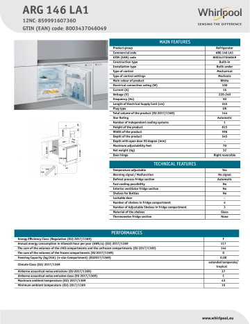 Whirlpool ARG 146 LA1 Refrigerator NEL Data Sheet | Manualzz