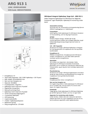Whirlpool ARG 913 1 Refrigerator Product Data Sheet | Manualzz