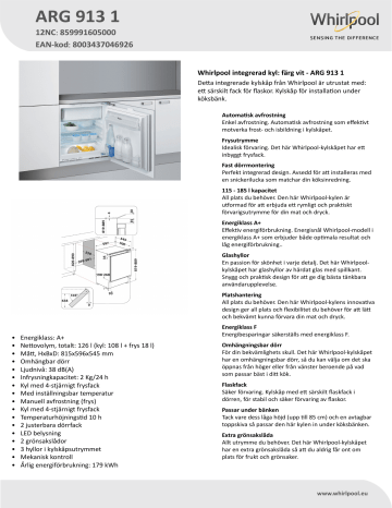 Whirlpool ARG 913 1 Refrigerator Product Data Sheet | Manualzz