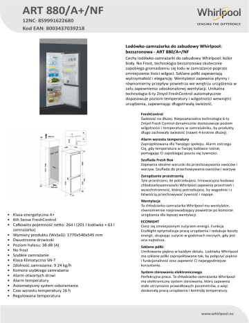 Whirlpool ART 880/A+/NF Fridge/freezer combination Product Data Sheet | Manualzz