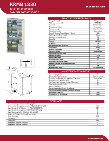 KitchenAid KRMB 1830 Refrigerator Product Data Sheet | Manualzz