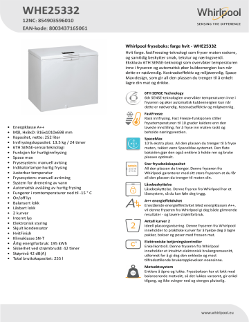 Whirlpool WHE25332 Freezer Product Data Sheet | Manualzz