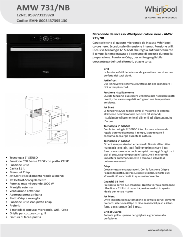 Whirlpool AMW 731/NB Microwave Product Data Sheet | Manualzz