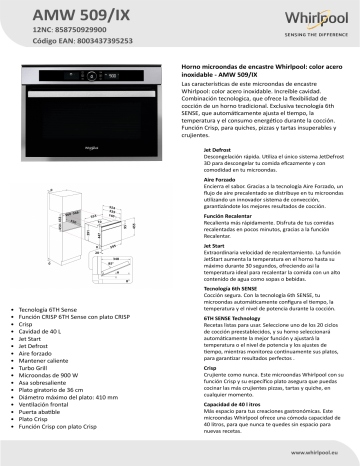 Whirlpool AMW 509/IX Microwave Product Data Sheet | Manualzz