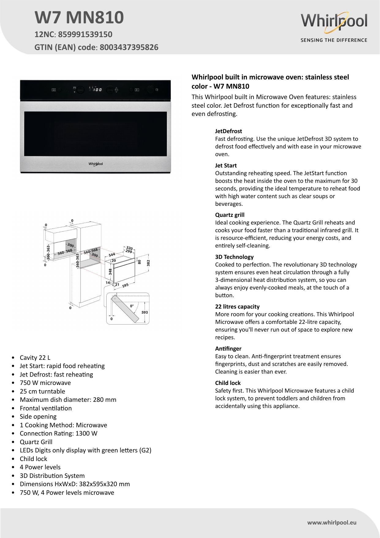 Whirlpool W7 MN810 Microwave Product Data Sheet | Manualzz