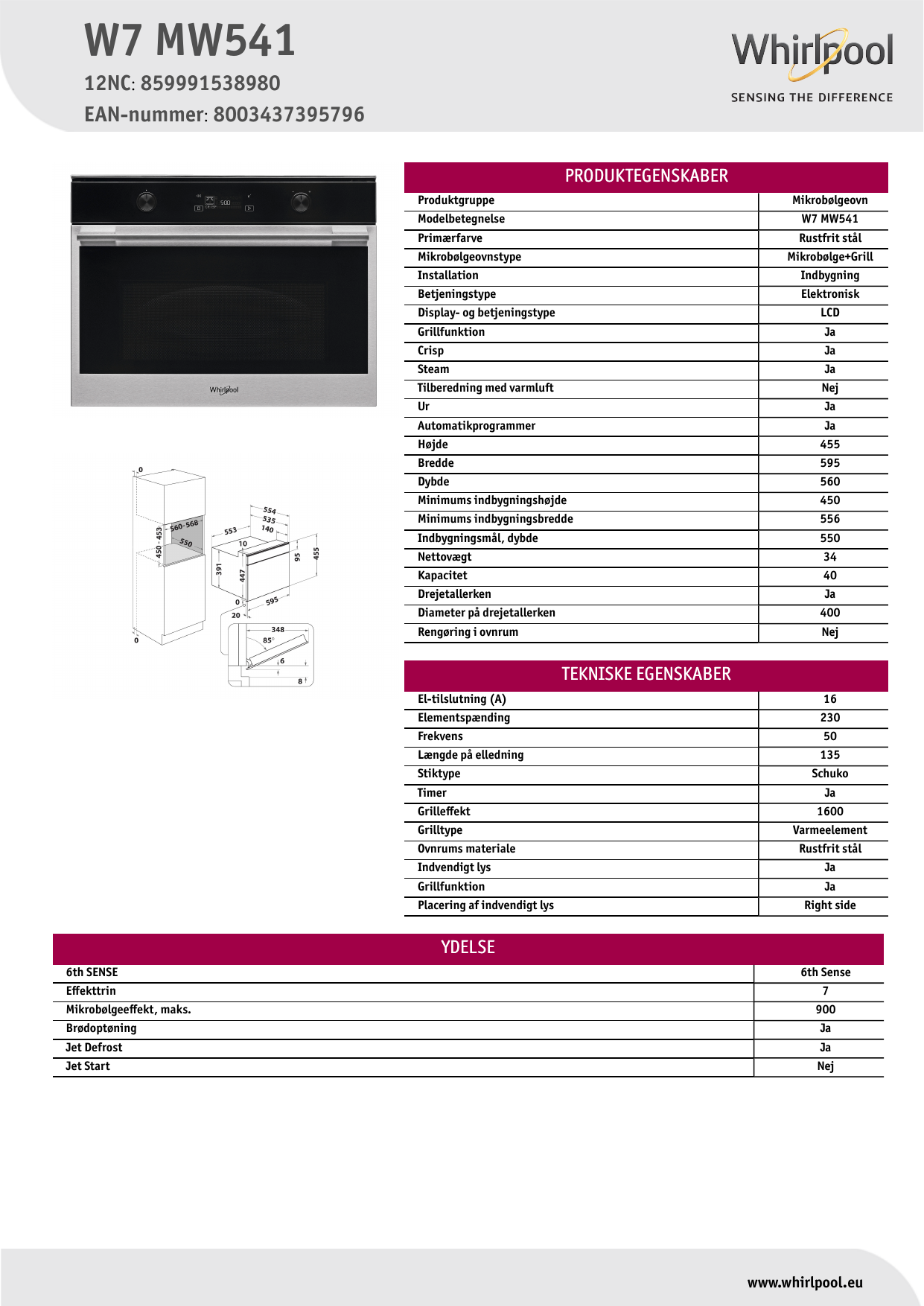 Whirlpool W7 MW541 Microwave Product Data Sheet | Manualzz