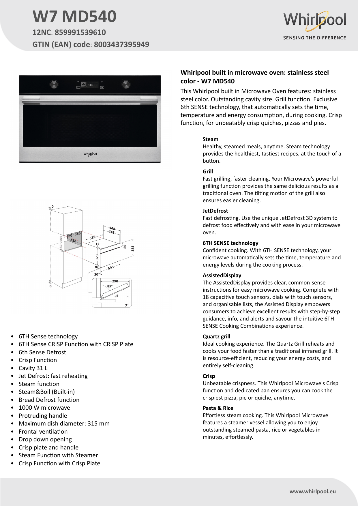 Whirlpool W7 MD540 Microwave Product Data Sheet | Manualzz