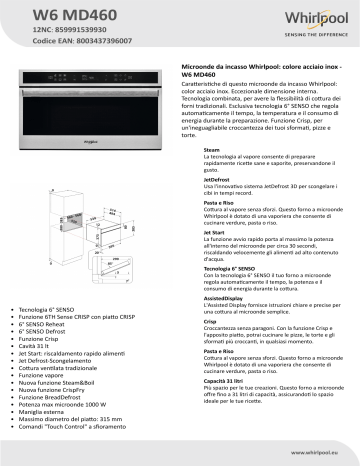 Whirlpool W6 MD460 Microwave Product Data Sheet | Manualzz