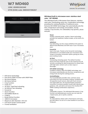 Whirlpool W7 MD460 Microwave Product Data Sheet | Manualzz