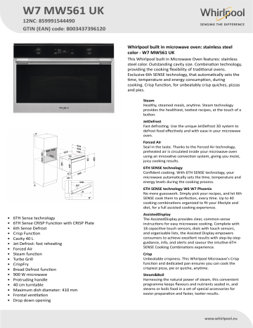 Whirlpool W7 MW561 UK Microwave Product Data Sheet | Manualzz