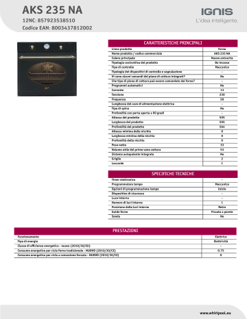 Ignis AKS 235 NA Oven Product Data Sheet | Manualzz