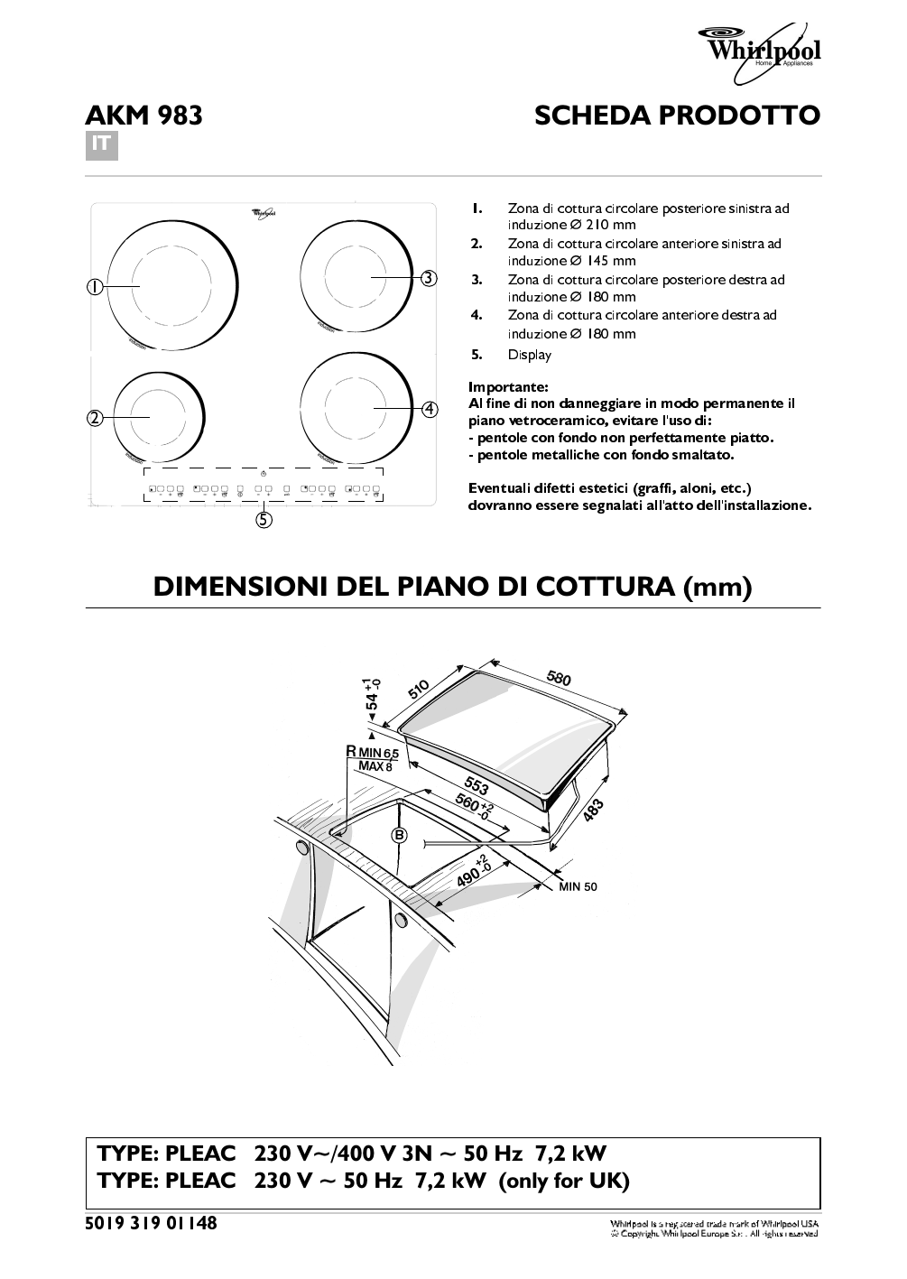 Whirlpool AKM 983/NE Hob Program Chart | Manualzz