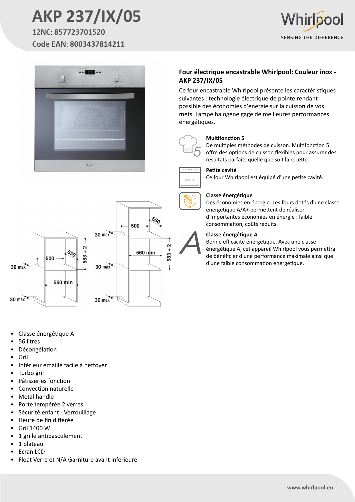 Four multifonction encastrable Whirlpool: couleur inox - AKP 475/IX