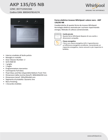 Whirlpool AKP 135/05 NB Oven Product Data Sheet | Manualzz