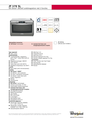 Whirlpool JT 379 SL Microwave Product Data Sheet | Manualzz