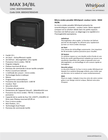 Whirlpool MAX 34/BL Microwave Product Data Sheet | Manualzz
