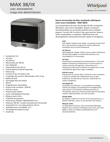 Whirlpool MAX 38/IX Microwave Product Data Sheet | Manualzz