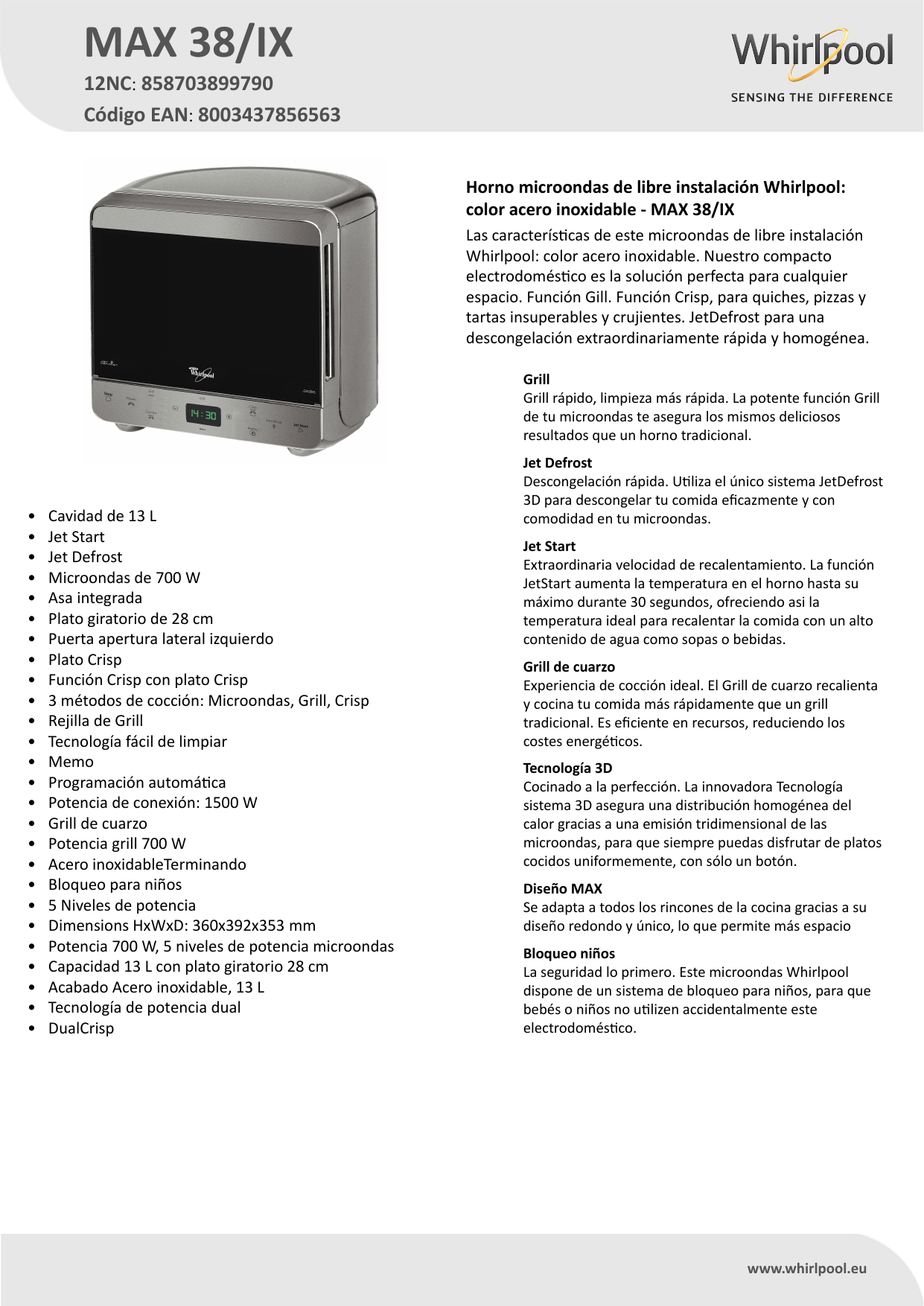Whirlpool MAX 38/IX Microwave Product Data Sheet | Manualzz