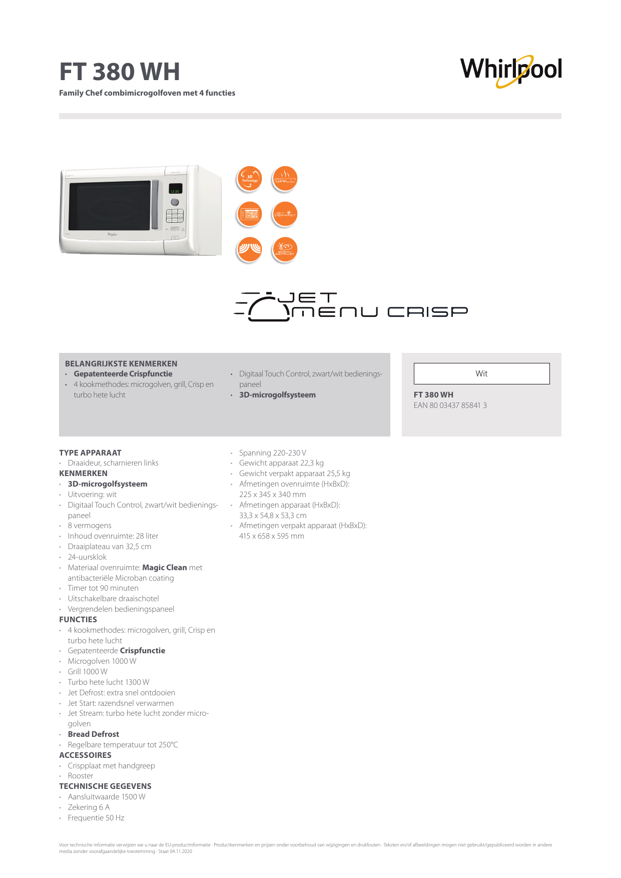 Whirlpool FT 380 WH Microwave Product Data Sheet | Manualzz