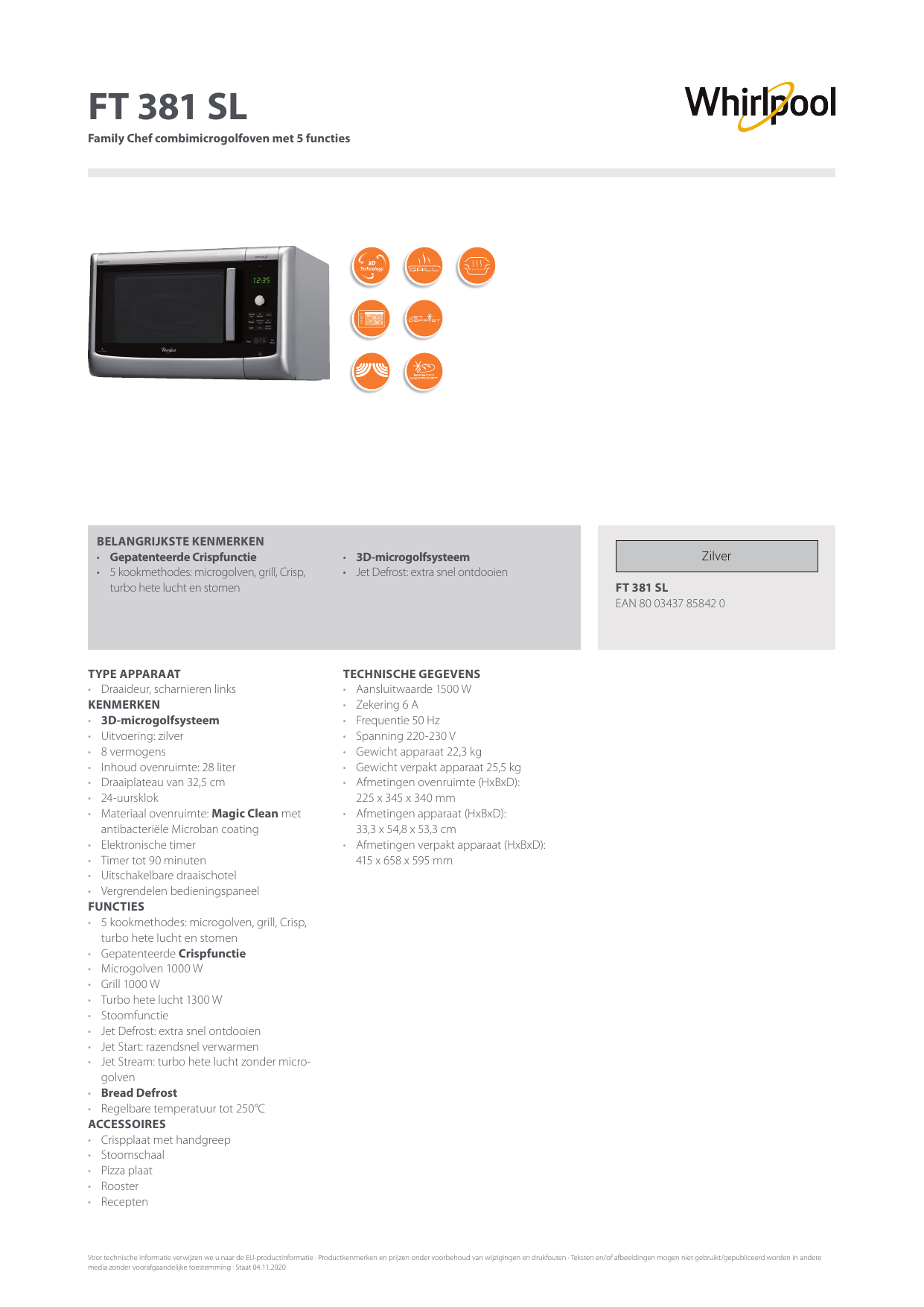 Whirlpool FT 381 SL Microwave Product Data Sheet | Manualzz