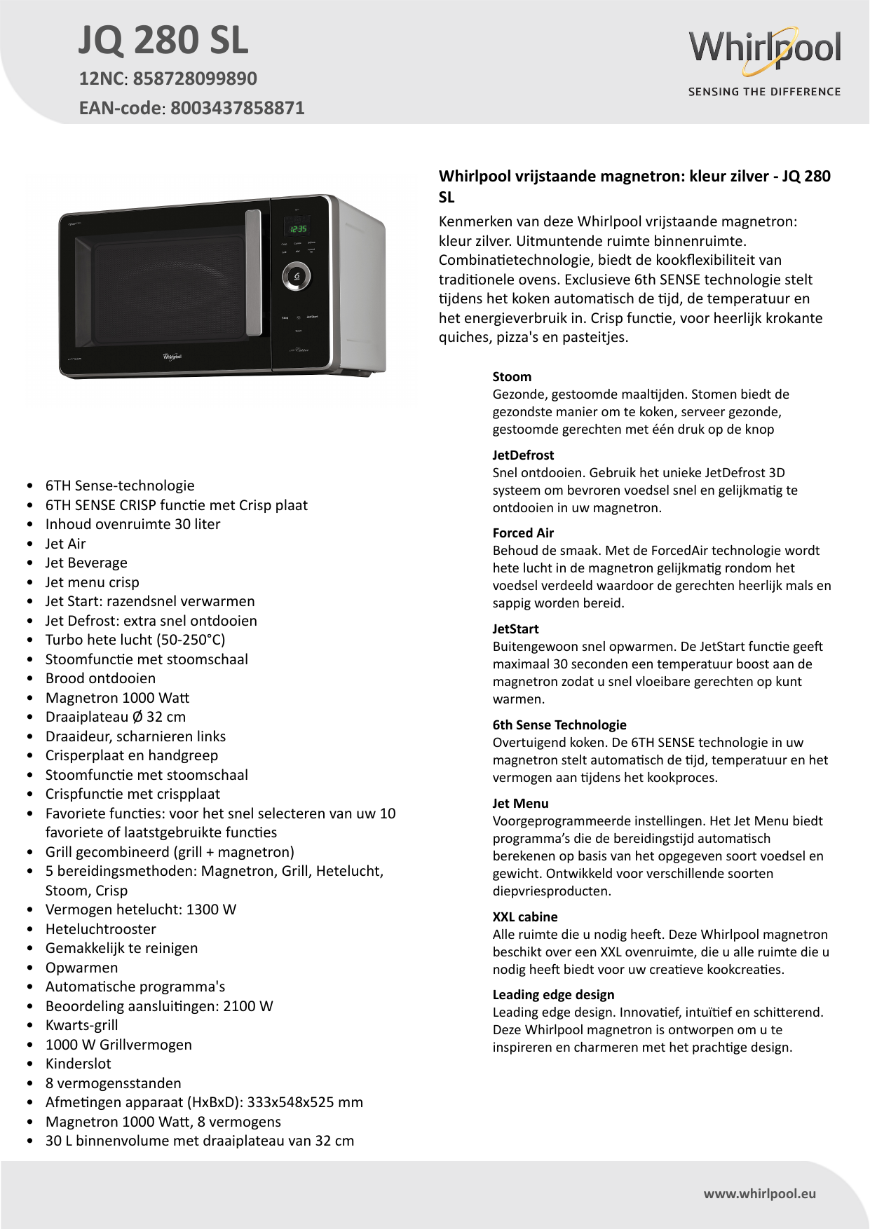 Whirlpool JQ 280 SL Microwave Product Data Sheet | Manualzz