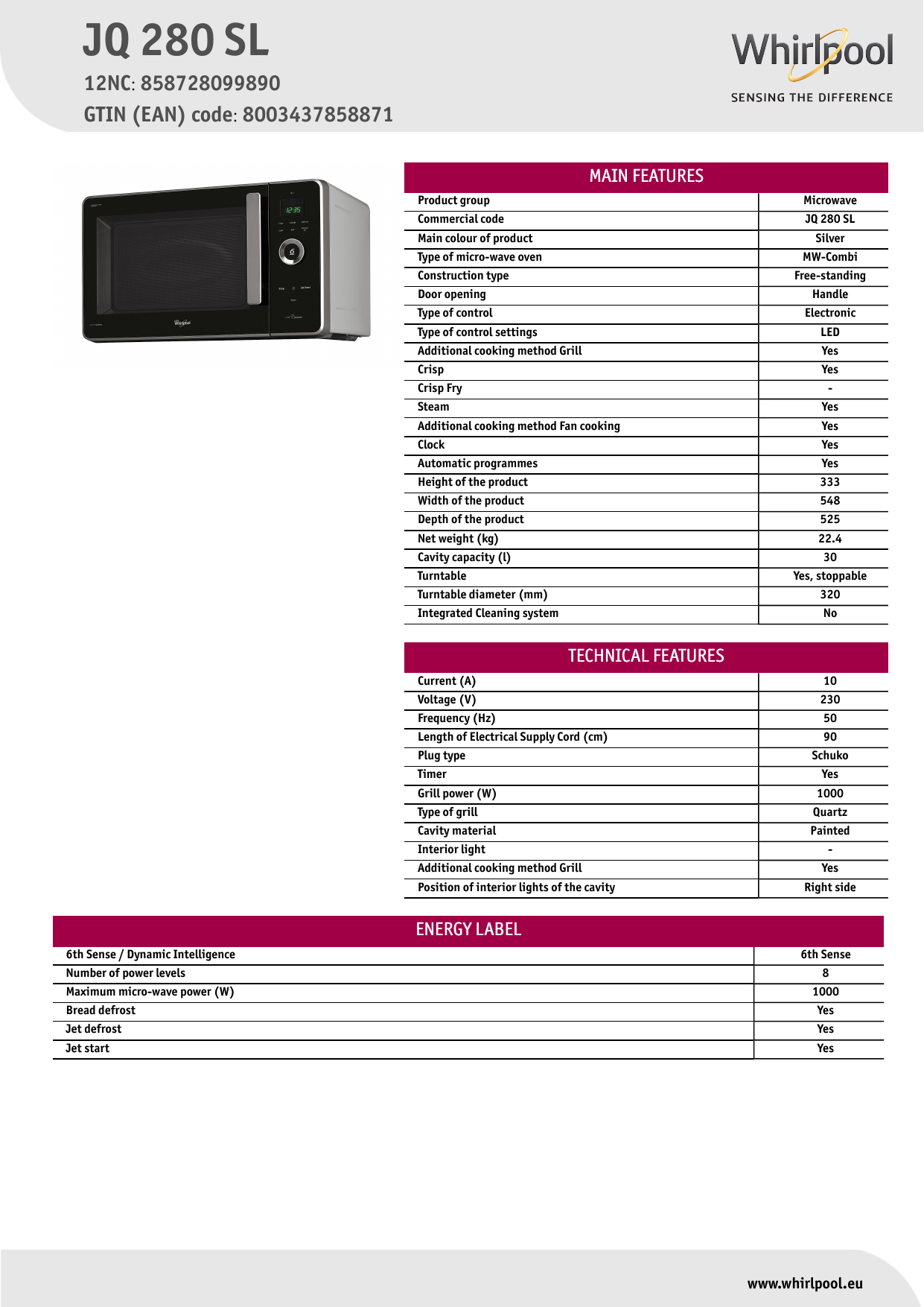 Whirlpool JQ 280 SL Microwave Product Data Sheet | Manualzz