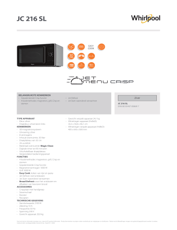 Whirlpool JC 216 SL Microwave Product Data Sheet | Manualzz