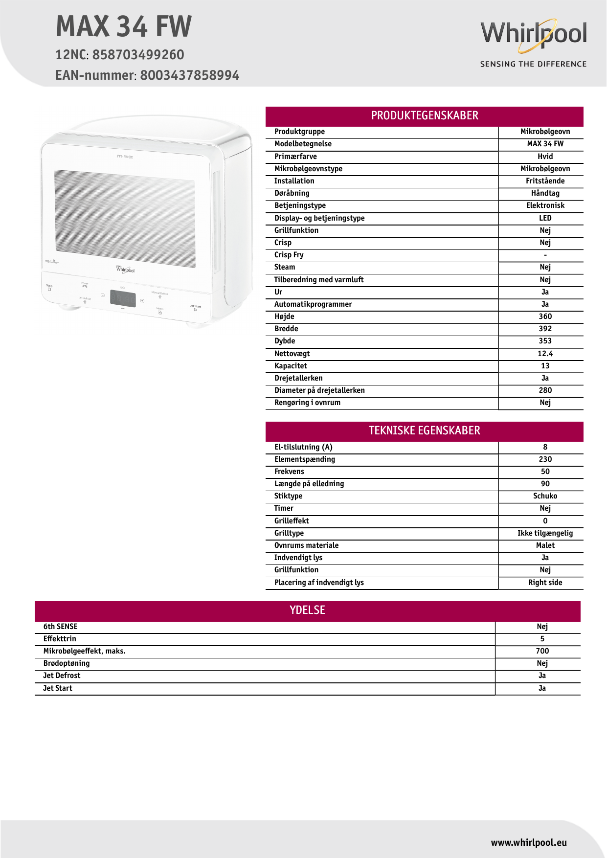 Whirlpool MAX 34 FW Microwave Product Data Sheet | Manualzz