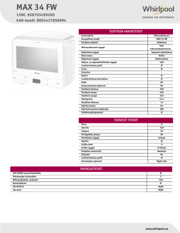 Whirlpool MAX 34 FW Microwave Product Data Sheet | Manualzz