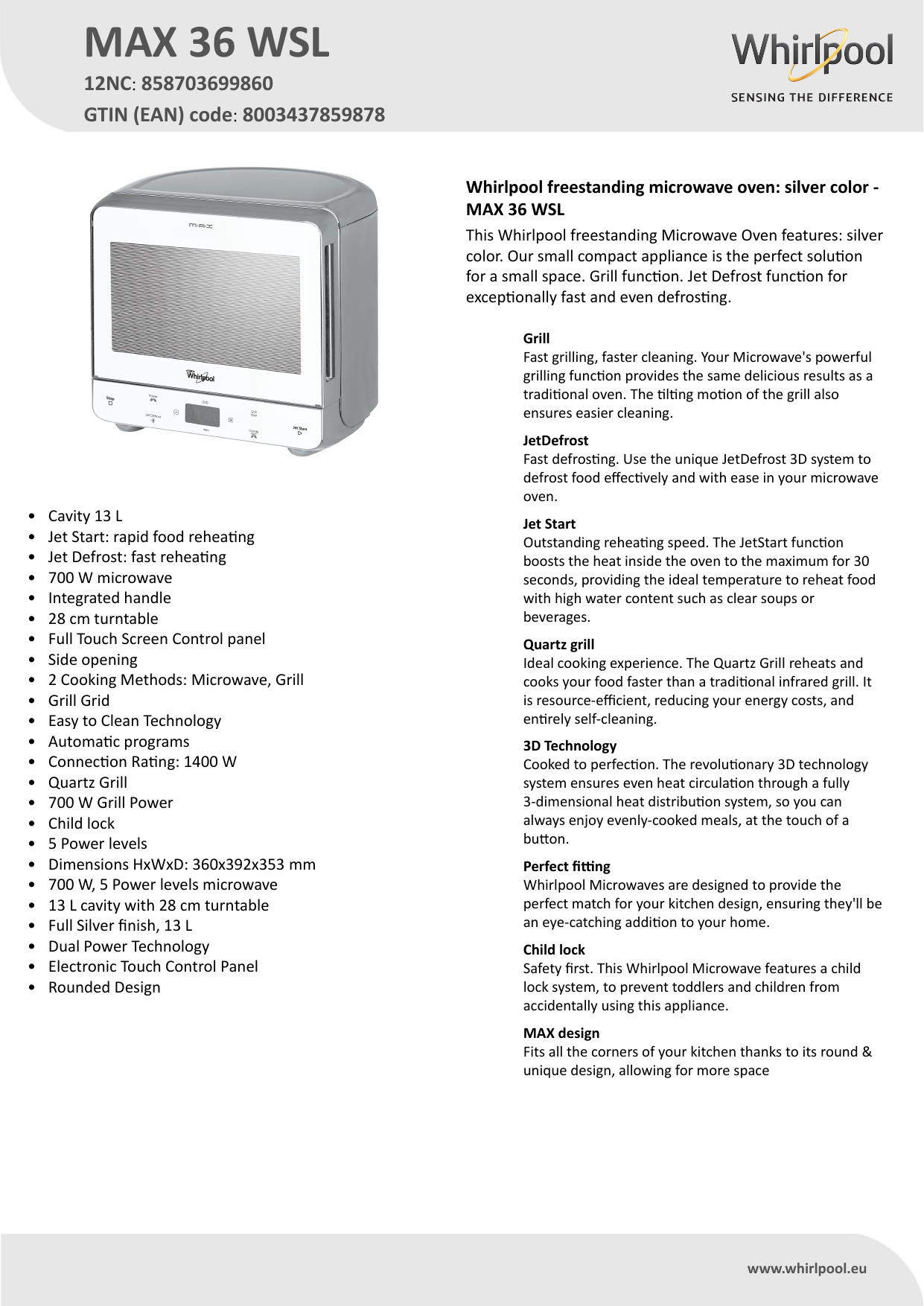 Whirlpool MAX 36 WSL Microwave Product Data Sheet | Manualzz
