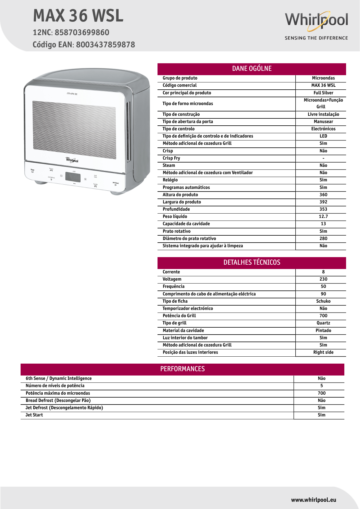 Whirlpool MAX 36 WSL Microwave Product Data Sheet | Manualzz
