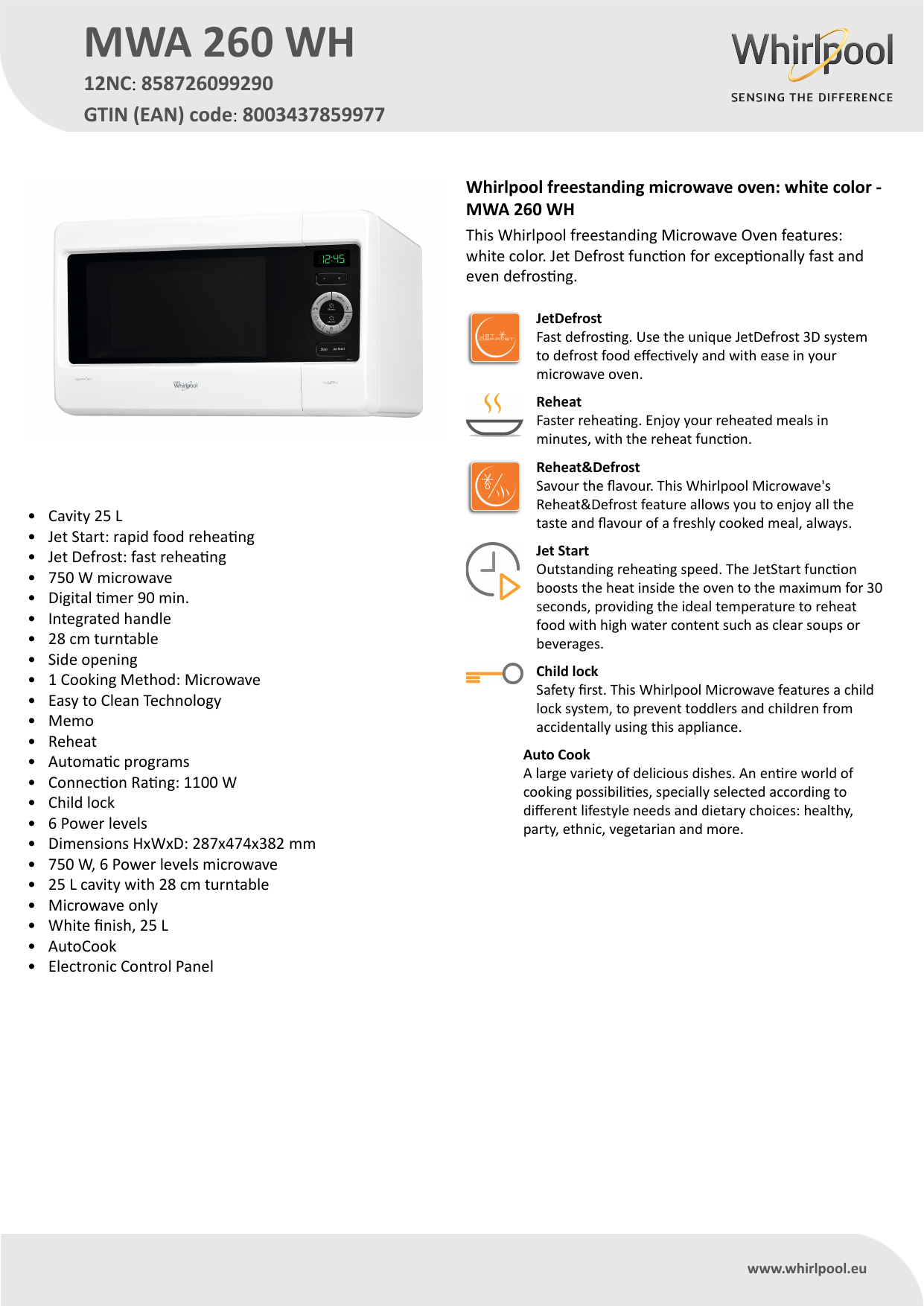 Whirlpool MWA 260 WH Microwave Product Data Sheet | Manualzz