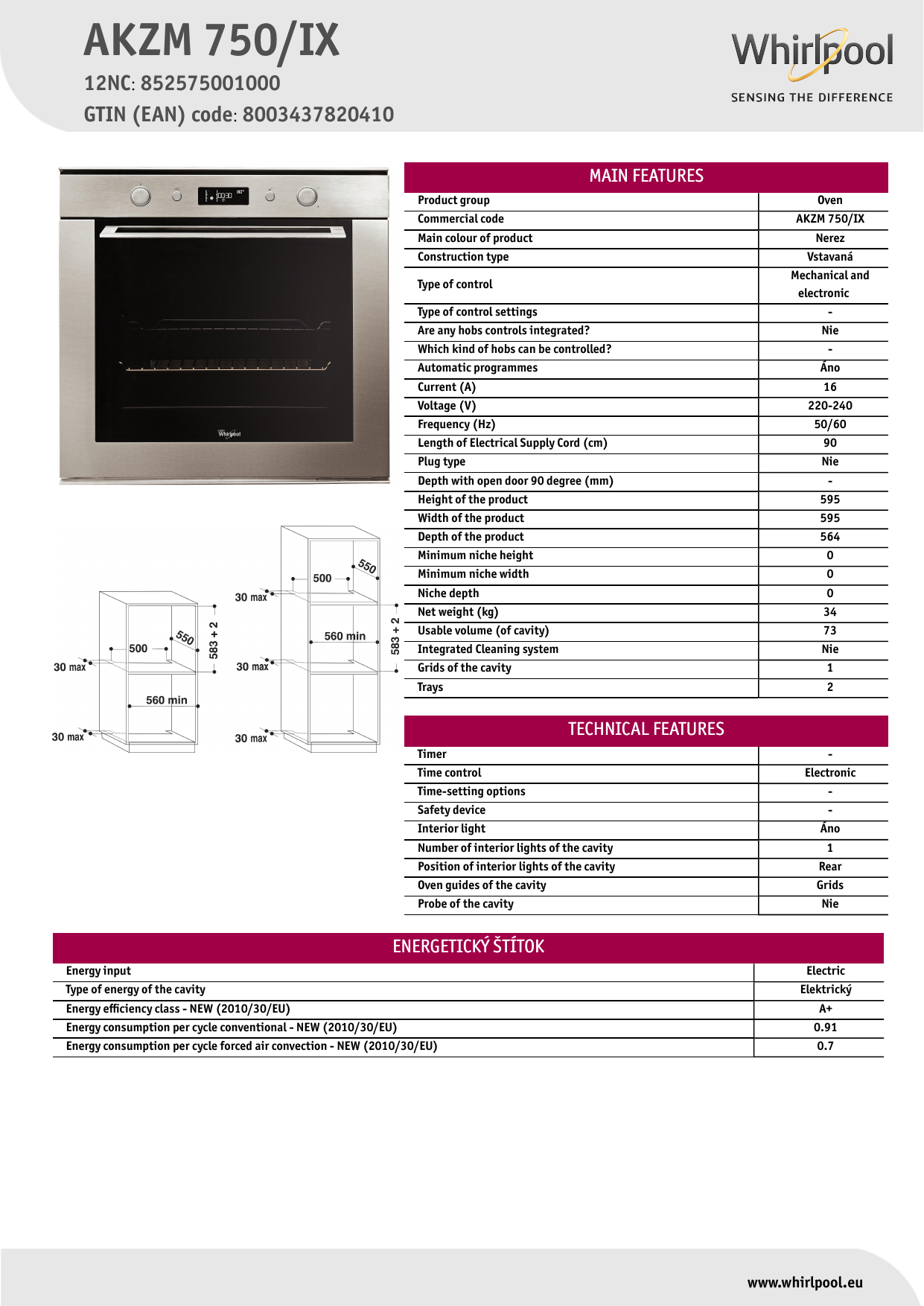 Whirlpool AKZM 750/IX Oven Product Data Sheet | Manualzz