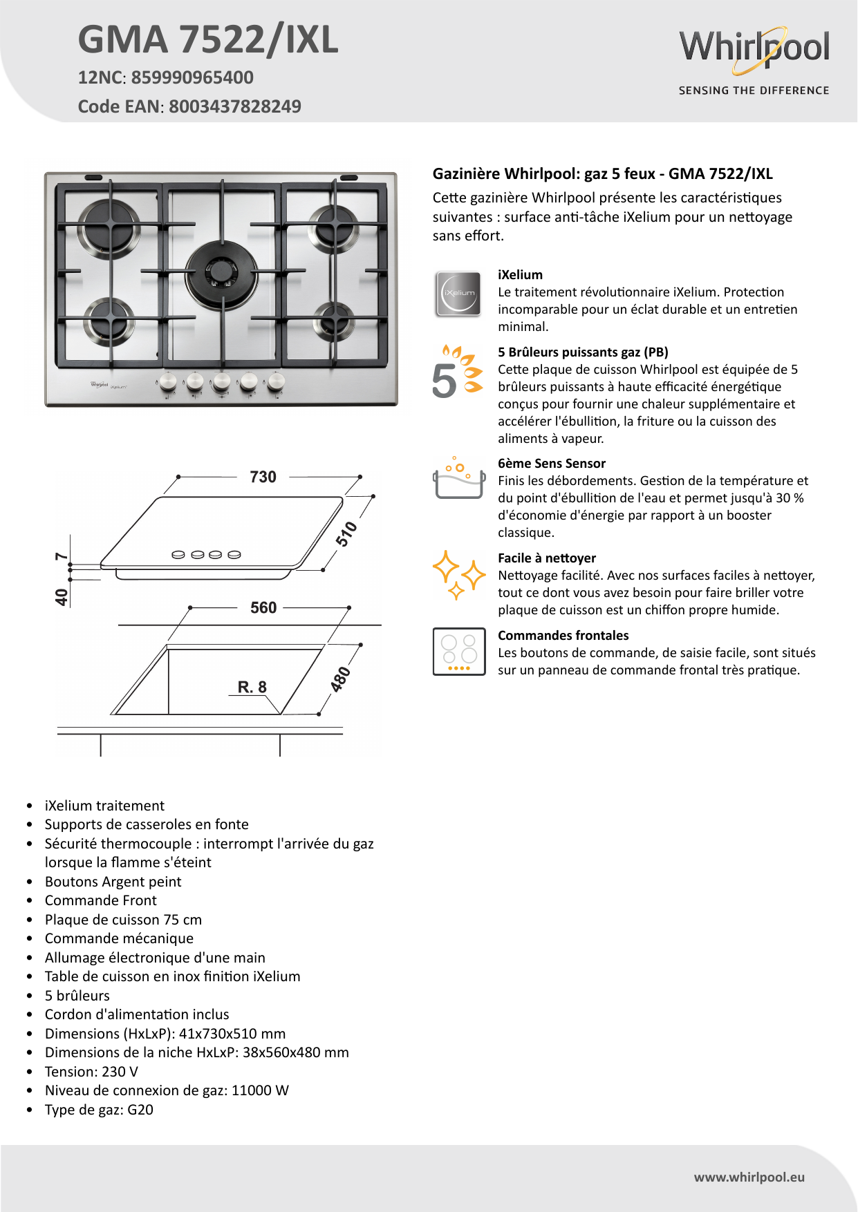 Table de cuisson à gaz Whirlpool 5 feux GMAL 7522/IXL