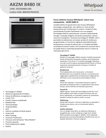 Whirlpool AKZM 8480 IX Oven Product Data Sheet | Manualzz