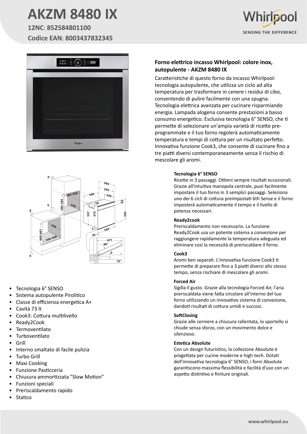 Whirlpool AKZM 8480 IX Oven Product Data Sheet | Manualzz