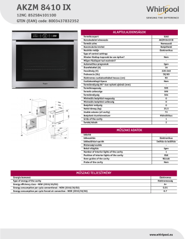 Whirlpool AKZM 8410 IX Oven Product Data Sheet | Manualzz