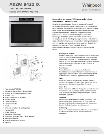 Whirlpool AKZM 8420 IX Oven Product Data Sheet | Manualzz