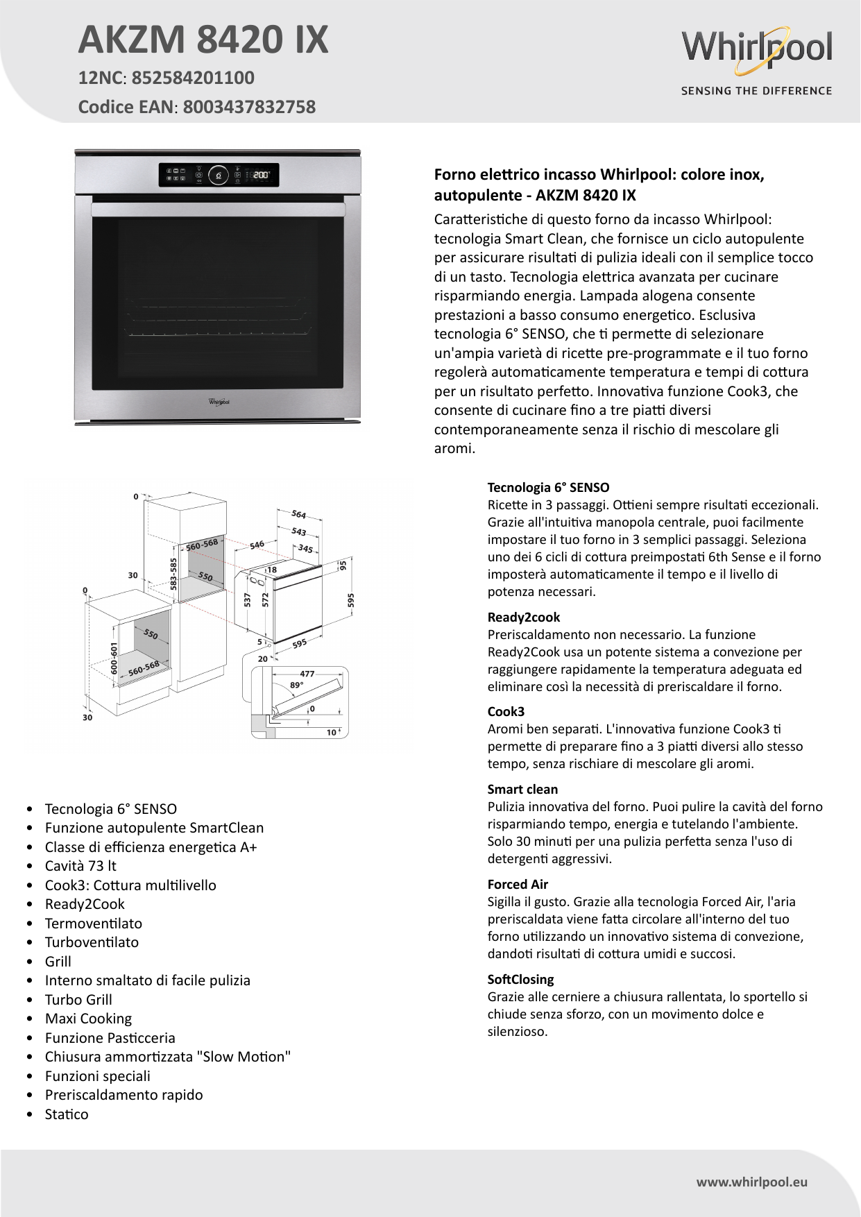 Whirlpool AKZM 8420 IX Oven Product Data Sheet | Manualzz