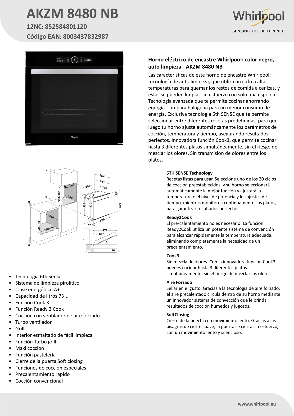 Whirlpool AKZM 8480 NB Oven Product Data Sheet | Manualzz