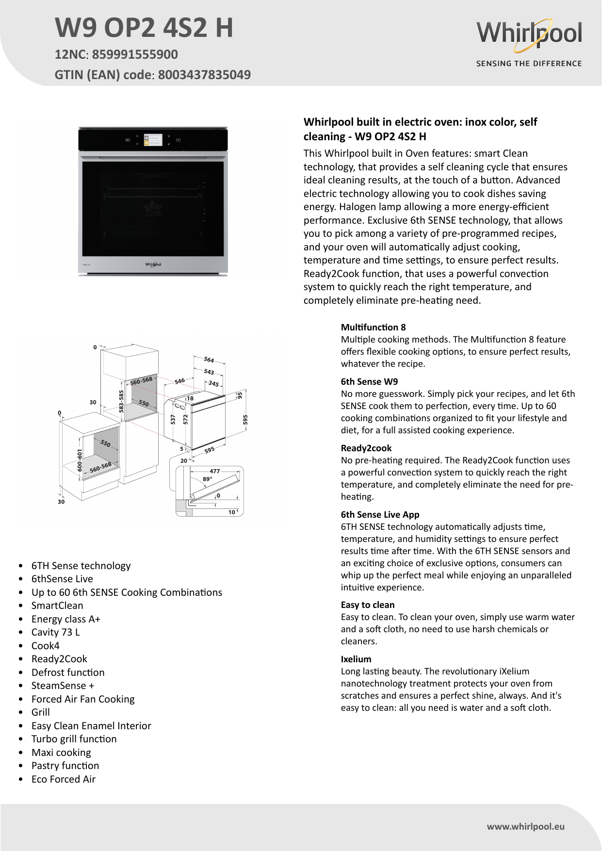 Whirlpool W9 OP2 4S2 H Oven Product Data Sheet | Manualzz
