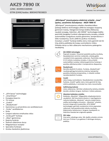Whirlpool AKZ9 7890 IX Oven Product Data Sheet | Manualzz