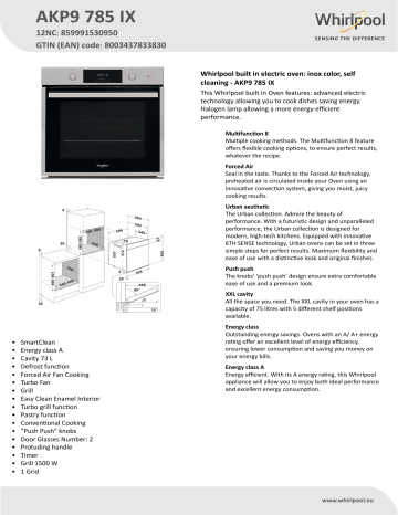 Whirlpool AKP9 785 IX Oven Product Data Sheet | Manualzz