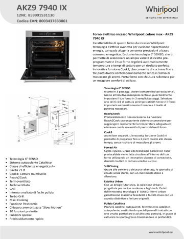 Whirlpool AKZ9 7940 IX Oven Product Data Sheet | Manualzz